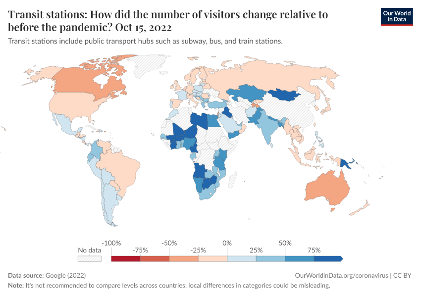 A thumbnail of the "Transit stations: How did the number of visitors change relative to before the pandemic?" chart