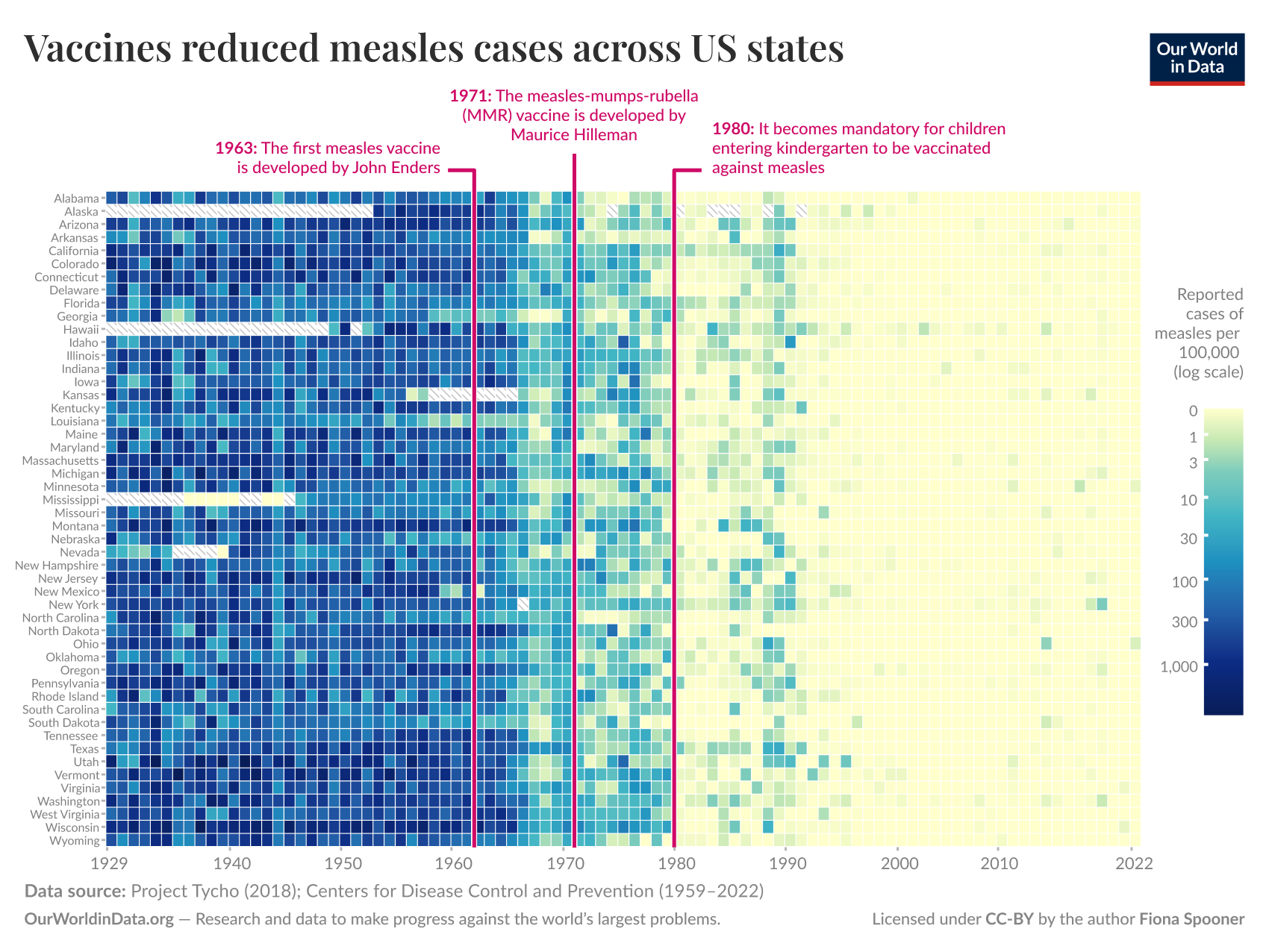 A heatmap showing the reduction of measles cases across U.S. states from 1929 to 2022. The horizontal axis represents years that progress from left to right, starting in 1929 and ending in 2022. Each vertical column corresponds to a U.S. state, with states labeled on the left side. The colors in each cell represent the number of reported measles cases per 100,000 people, using a logarithmic scale. Darker shades of blue indicate higher numbers of cases, while lighter shades transition to yellow, signifying fewer cases. 

Key historical milestones are marked with vertical lines and text: 
- 1963 indicates the development of the first measles vaccine by John Enders.
- 1971 highlights the introduction of the measles-mumps-rubella (MMR) vaccine by Maurice Hilleman.
- 1980 notes that vaccination becomes mandatory for children entering kindergarten.

At the bottom, a data source citation credits Project Tycho (2018) and the Centers for Disease Control and Prevention (1959–2022). There’s additional attribution to Our World in Data, which focuses on global progress against major issues. The work is licensed under CC-BY by the author Fiona Spooner.