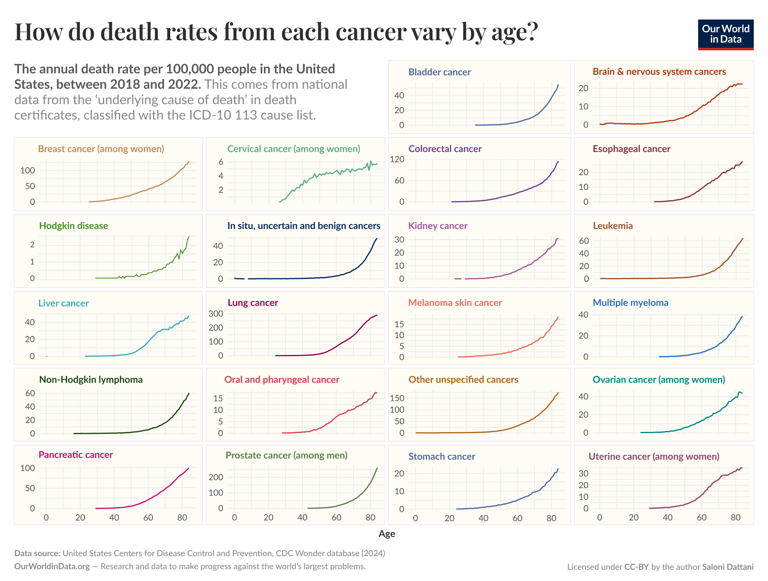 This chart, titled "How do cancer death rates vary by age?", displays the annual cancer death rate per 100,000 people in the United States between 2018 and 2022, using data from death certificates classified by ICD-10 codes. Each subplot represents a different type of cancer, with age on the x-axis and death rate on the y-axis. Each subplot shows a rise in death rates at older ages. This chart is authored by Saloni Dattani and published on "Our World in Data," with data sourced from the United States Centers for Disease Control and Prevention (CDC), Wonder database (2024). The chart is licensed under CC-BY.